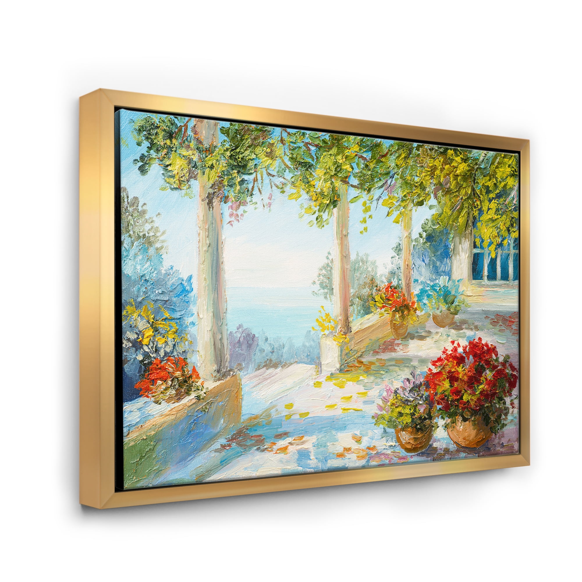 Designart 'Terrace With Red Flowers Near The Sea' Nautical & Coastal Framed Canvas Wall Art Print