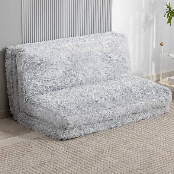 HOMCOM Bean Bag Floor Sofa Bed, Plush Folding Floor Mattress, Light Gray