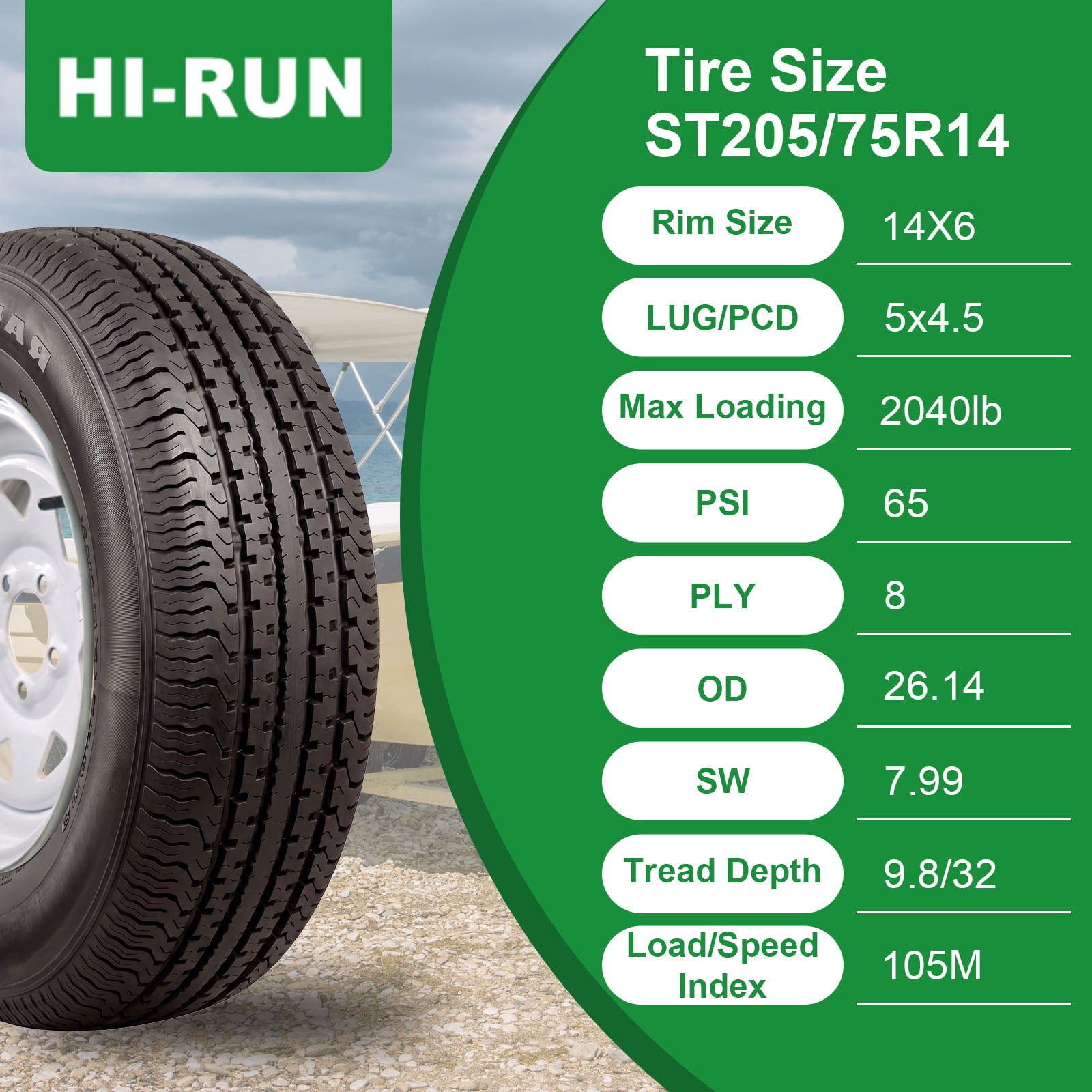 Hi-Run 2 Set ST100 ST205/75R14 8PR Trailer Tires Wheel Assembly & 14X6 5 Lugs on 4.5" PCD White, 0 Offset Fits 205/75/14