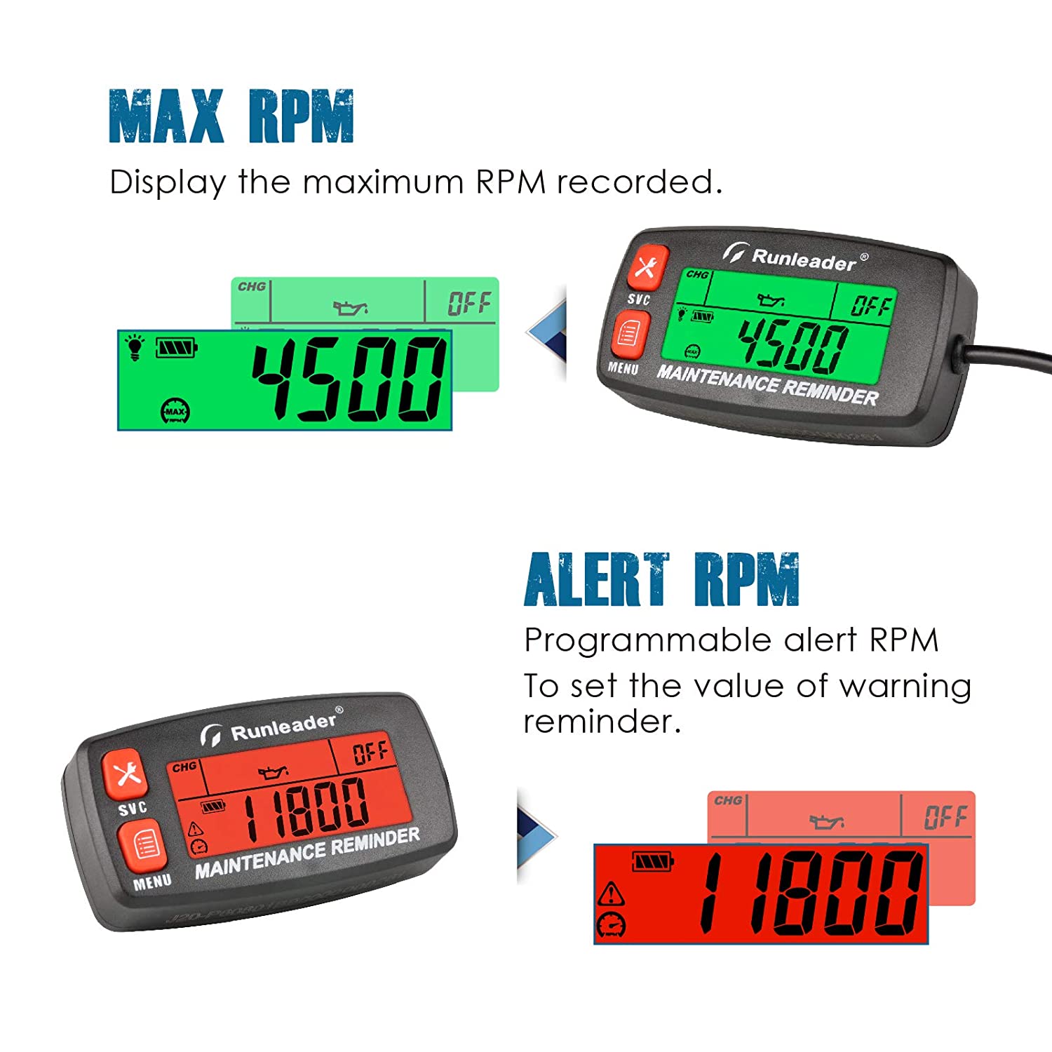 Runleader Digital Maintenance Tach Hour Meter Gauge,RPM Alert,Backlight  Display,Battery Replaceable,Used for Small Gas Engine, Works on Garden  Tractor Motorcycle Generator Snowmobile Chainsaw Marine