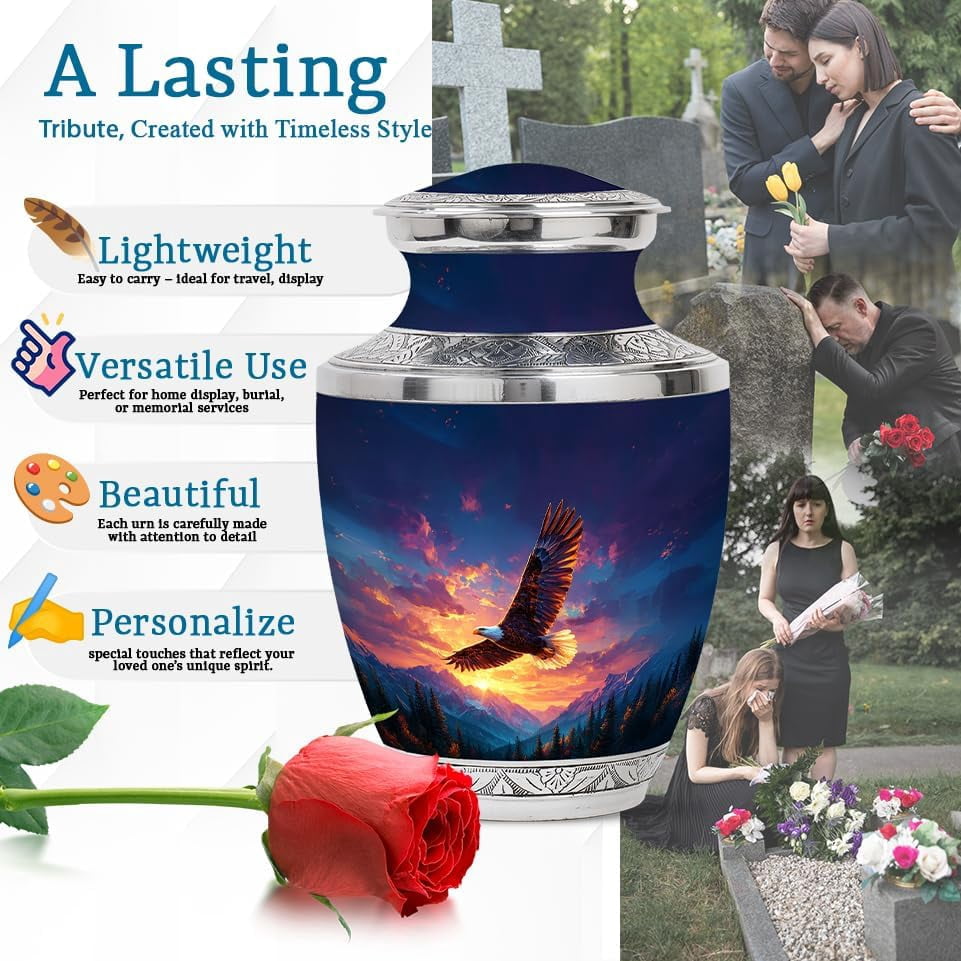 Eagle Mountain Sunset Urns for Cremation, Memorial Decorative Urn, Large Funeral Urns for Human Ashes, Keepsake Burial Urn for Ashes Adult Male & Female (Size: 10 Inch 1pcs & 3inch 2 Pcs)