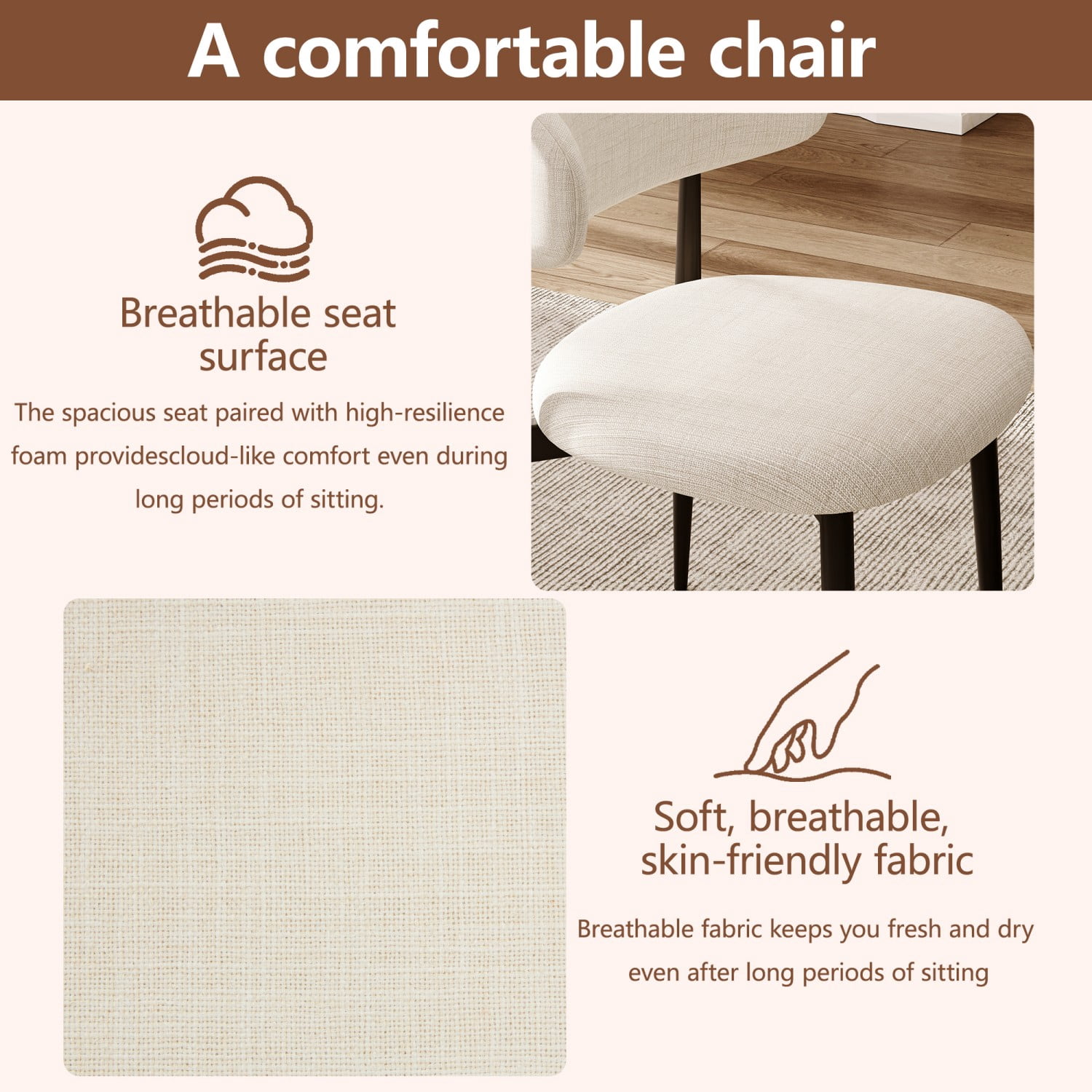 Dining Chairs Set of 2 Metal Kitchen Chairs Modern Upholstered Fabric Dining Room Chairs with Ergonomic Backrest Beige Industrial Farmhouse Style, Black