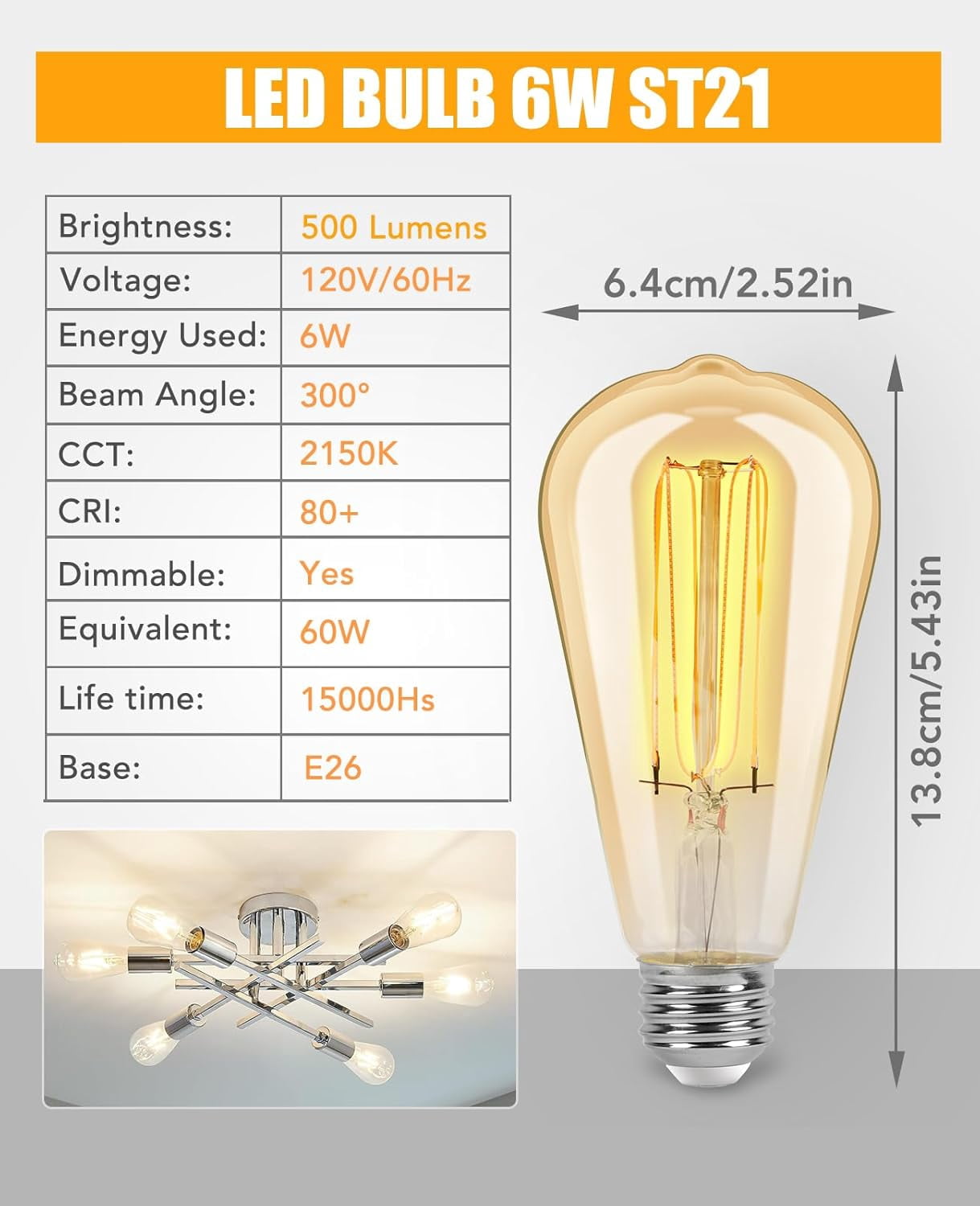 FEFEFW-ST21 Vintage LED Edison Light Bulbs, 6W Dimmable E26 LED Light Bulb 60 Watt Equivalent, 2150K ST64 Decorative Warm Lightbulbs with Amber Glass for Chandelier, Vanity, Porch, 500lm Bright, 5Pac