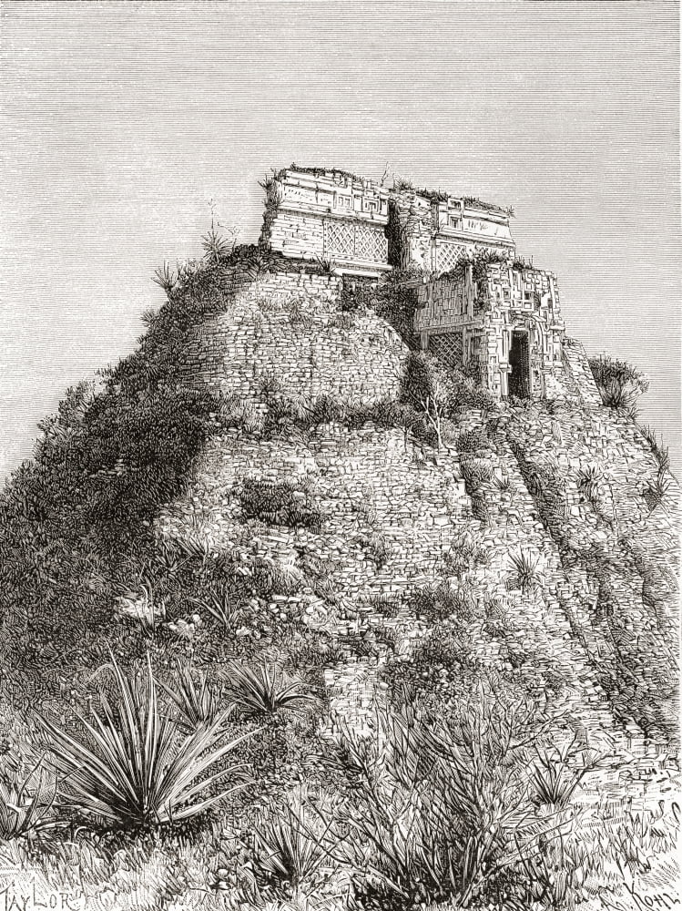 The Pyramid of the Magician Uxmal Mexico aka the Pyramid of the Dwarf Casa el Adivino and the Pyramid of the Soothsayer in the 19th century before restoration From Am Canvas Art - Ken Welsh Design Pi