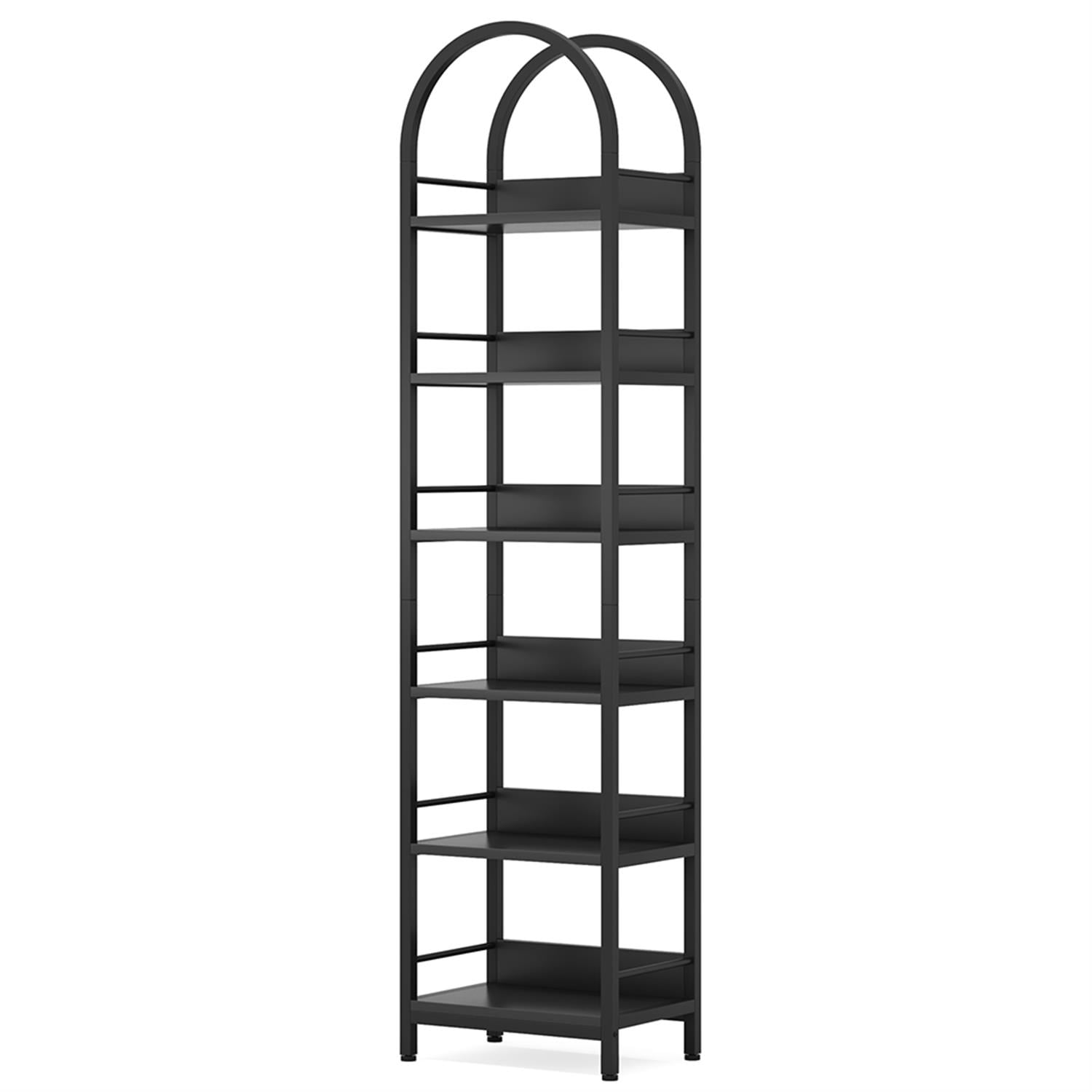 Demi Bonn 6 Tier Narrow Bookshelf, Wood and Metal Bookcase Storage Organizer, Arched Display Standing Shelf Unit for Bedroom, Living Room, Black