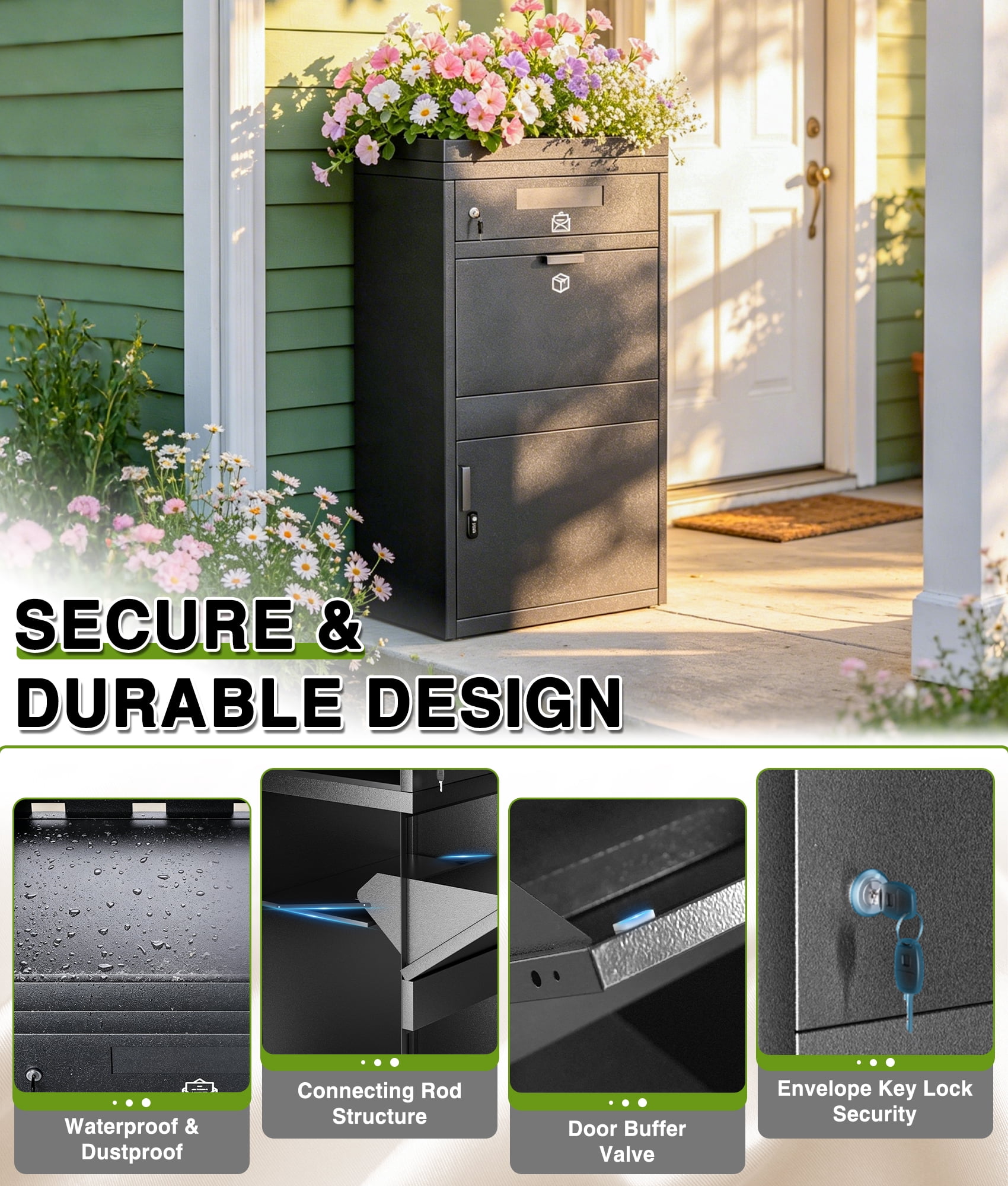Esheno Package Delivery Box 45 in H Anti Theft Galvanized Steel Combination Lock Large Capacity Parcel Mailbox with Planter Top for Porch Apartment