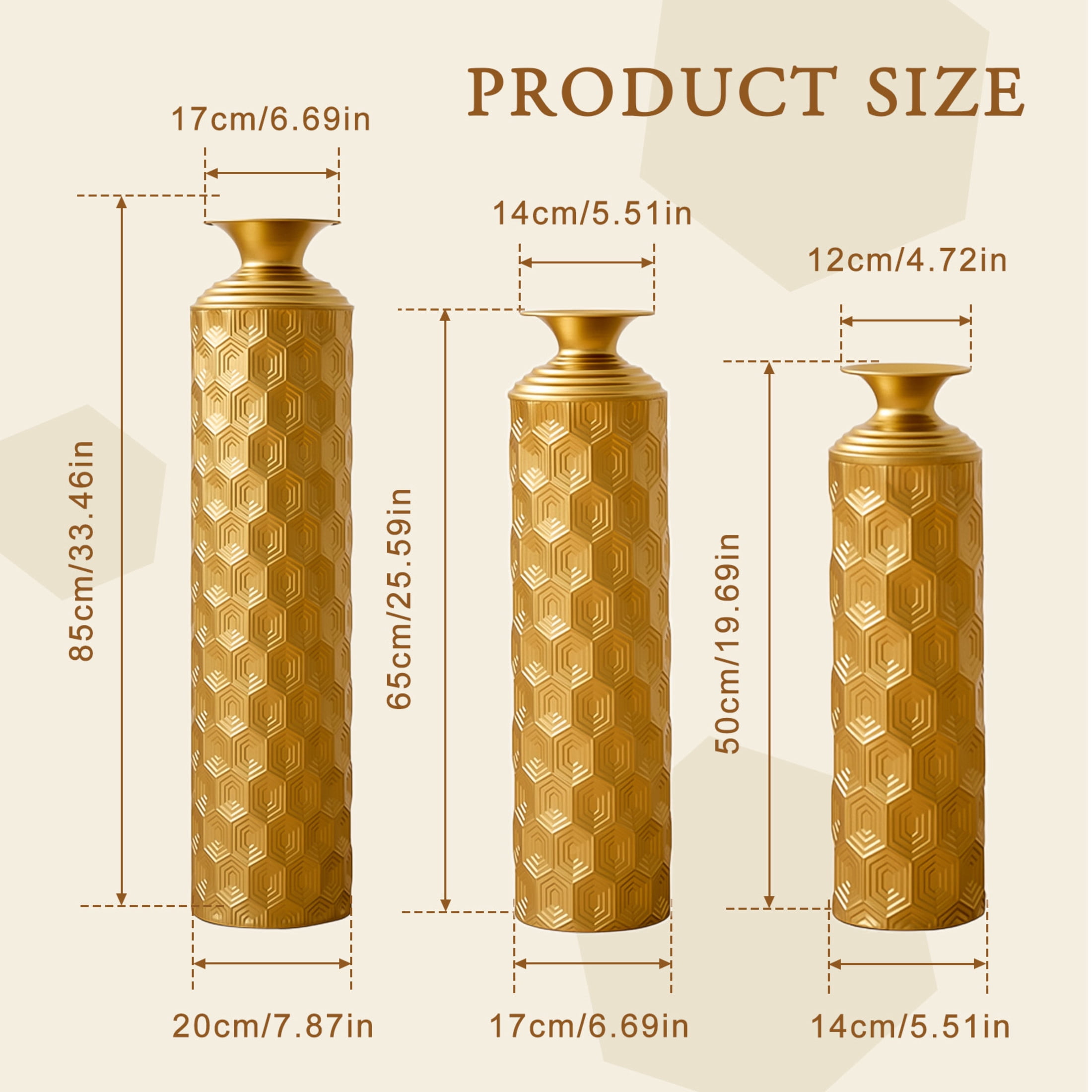Noble House 3-Piece Gold Metal Floor Vase Set, 33.46", 25.59", 19.69" Hexagon Textured Decorative Vases