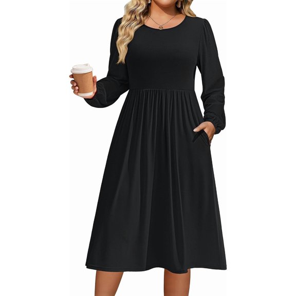 Plus Size Fall Dresses Women Long Sleeve Midi Casual Pocket Dress | Breathable Material, Crewneck A-Line Dresses, Loose Fit, Fall Fashion 2026