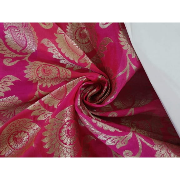 Brocade fabric stripes of two shades of hot pink with white gold floral color 44" wide BRO867[3]