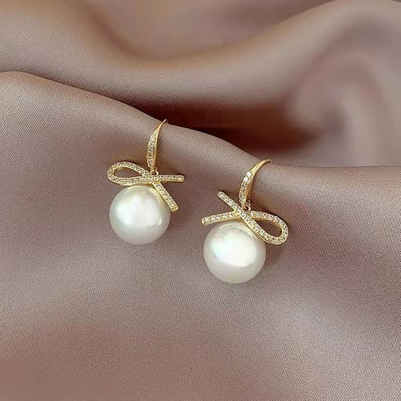 Noothes Bow Crystal Pearl Earrings for Women, Fashion Rhinestone Ribbon Earrings Gift for Wedding, Elegant Bow Earrings with Sparkling Accents