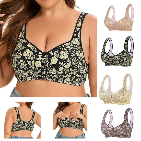 CFLVAEK Plus Size Womens Bras No Underwire Front Closure Bra Full Coverage Everyday Bras Comfort Supportive Bralette Floral Print Brassiere for Elder Ladies Beige 42CD