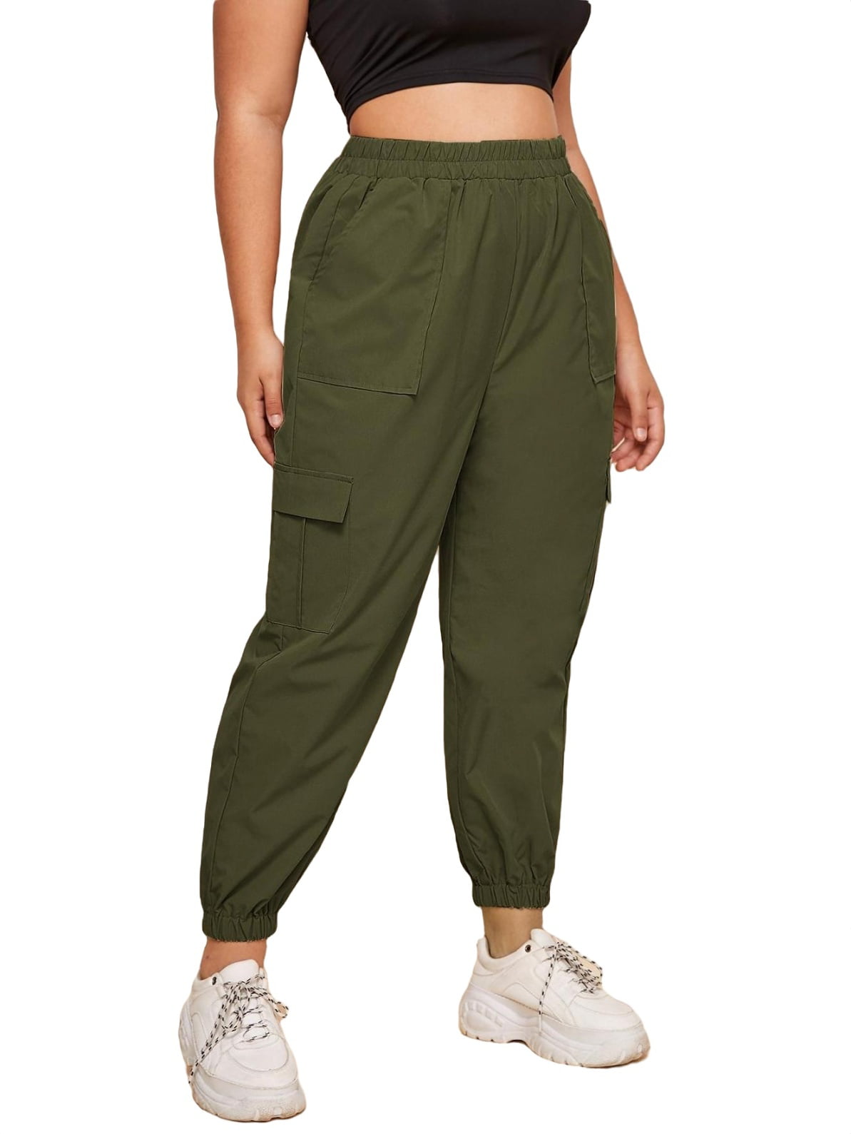 Womens Plus Pants Casual Plain High Waist Pocket Army Green 3XL Walmart.com