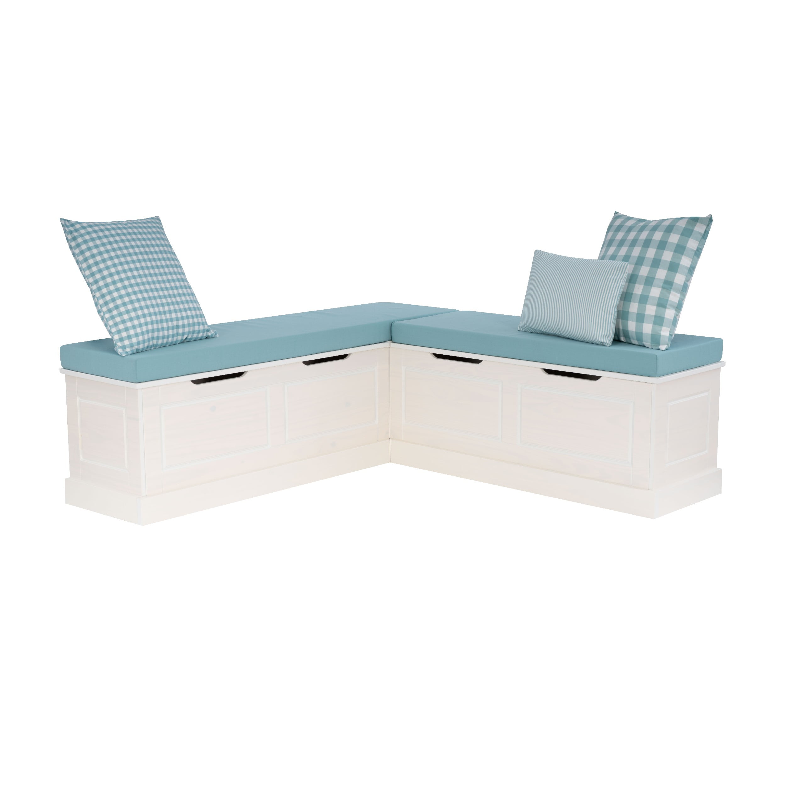 Linon Romero Backless Corner Nook with Storage, 5-Piece Cushion Set, White/Seafoam