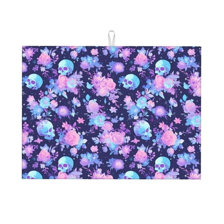 

Dish Drying Mats for Kitchen Counter - white pink Skull flower 18x24in Dish Drying Pad Coffee Mat with Hanging Loop Super Absorbent Kitchen Counter Mat Coffee Bar Accessories