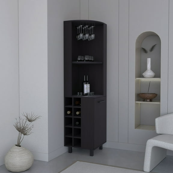 Newboti Furniture Kaia 70" Tall Corner Bar Cabinet With Four Shelves, Ten Wine Bottle Cubbies and Stemware in Black Wengue 12694