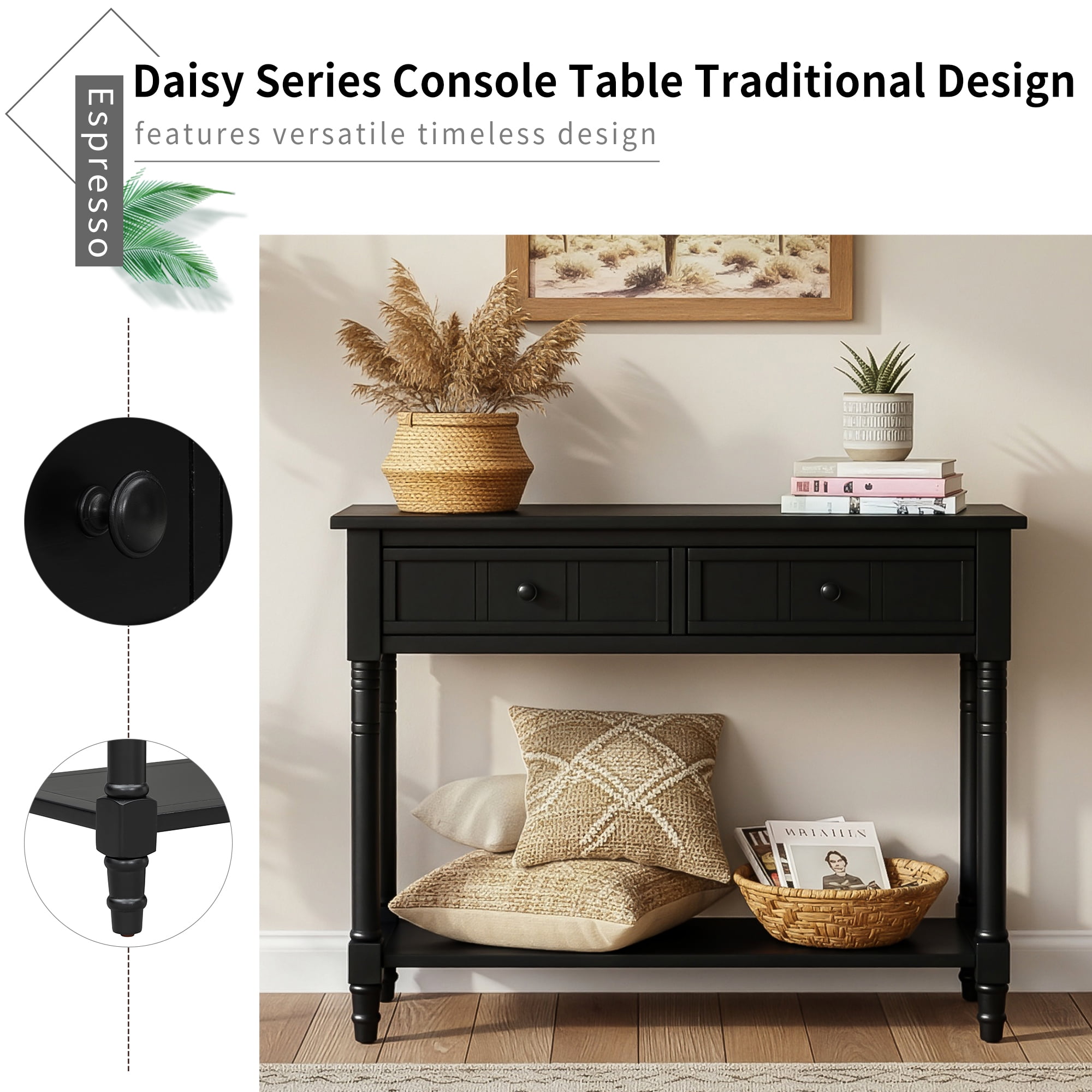 MDQMD Black Entryway Table with 2 Drawers,Solid Wood Console Tables with Bottom Shelf for Hallway,Living Room