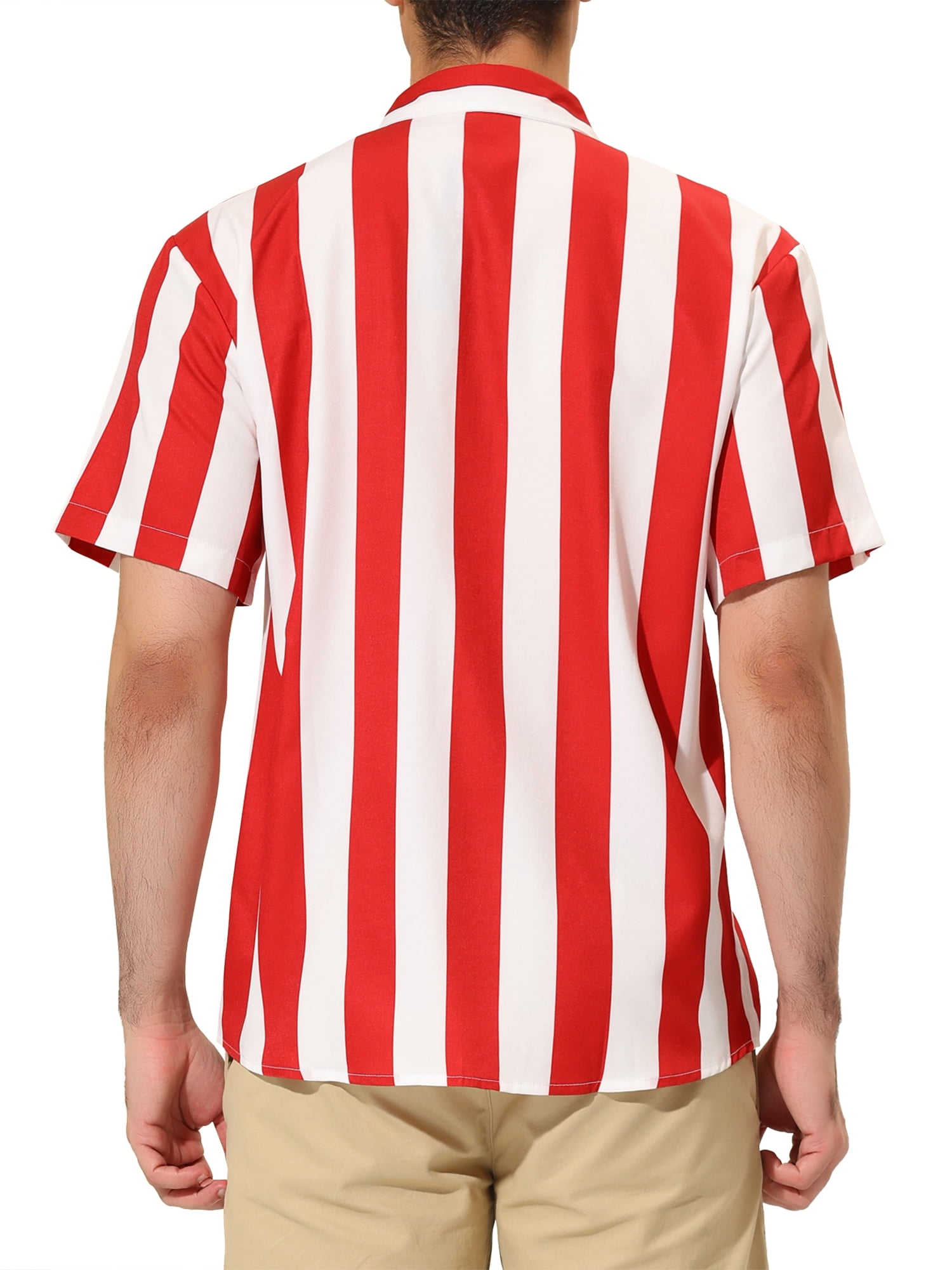 Unique Bargains Men's Striped Short Sleeves Button Down Print Shirt S Red White