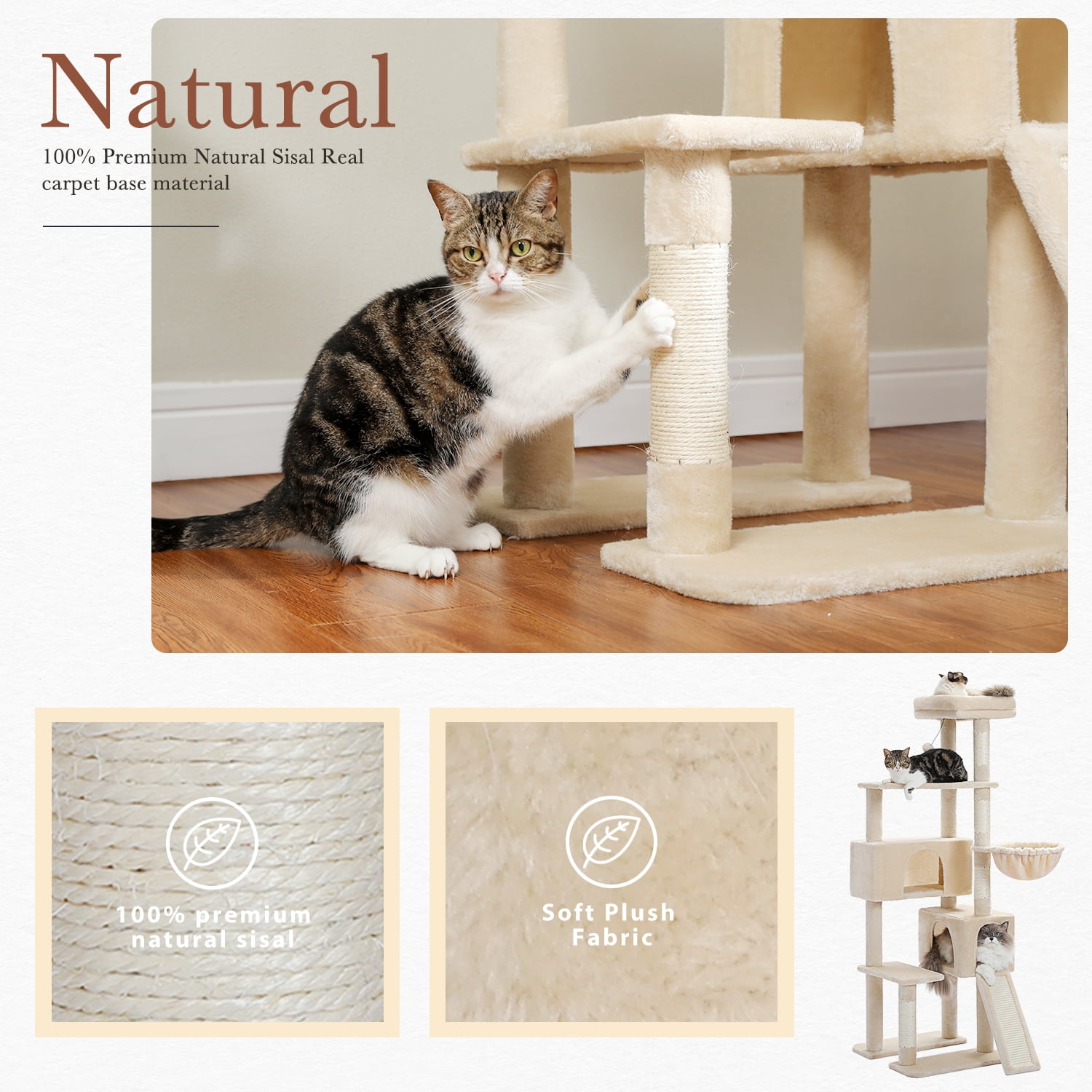 Pefilos 60" Cat Condo for Multiple Cats, Cute Sisal Rope Cat Tree Tower for Indoor Cats Plush Cat Climb Tree for Big Cats, Beige Pefilos 60" Cat Condo for Multiple Cats, Cute Sisal Rope Cat Tree Tower for Indoor Cats Plush Cat Climb Tree for Big Cats, Beige