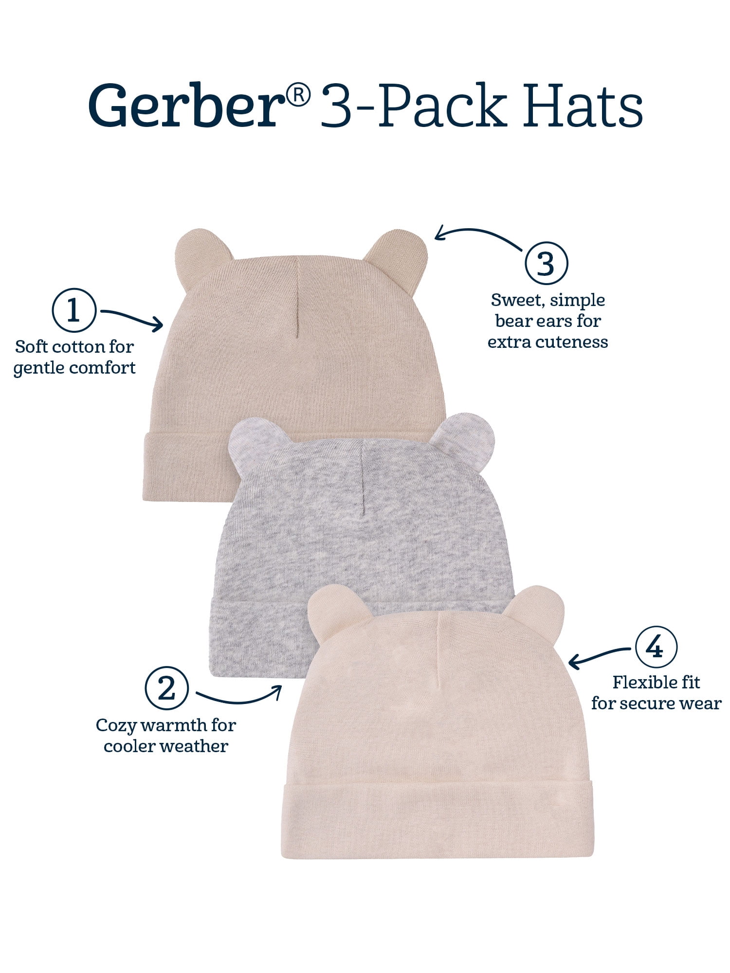 Gerber Baby Boy or Girl Neutral Cotton Caps with Ears, 3-Pack, Sizes Newborn - 0/6 Months