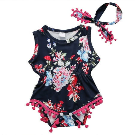 

Musuos Baby Girl Floral Romper Sleeveless Pompom Tassel Jumpsuit with Headband