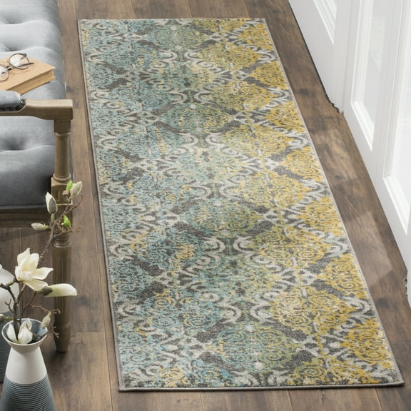 SAFAVIEH Evoke Keith Damask Distressed Runner Rug, Grey/Ivory, 2'2" x 7'
