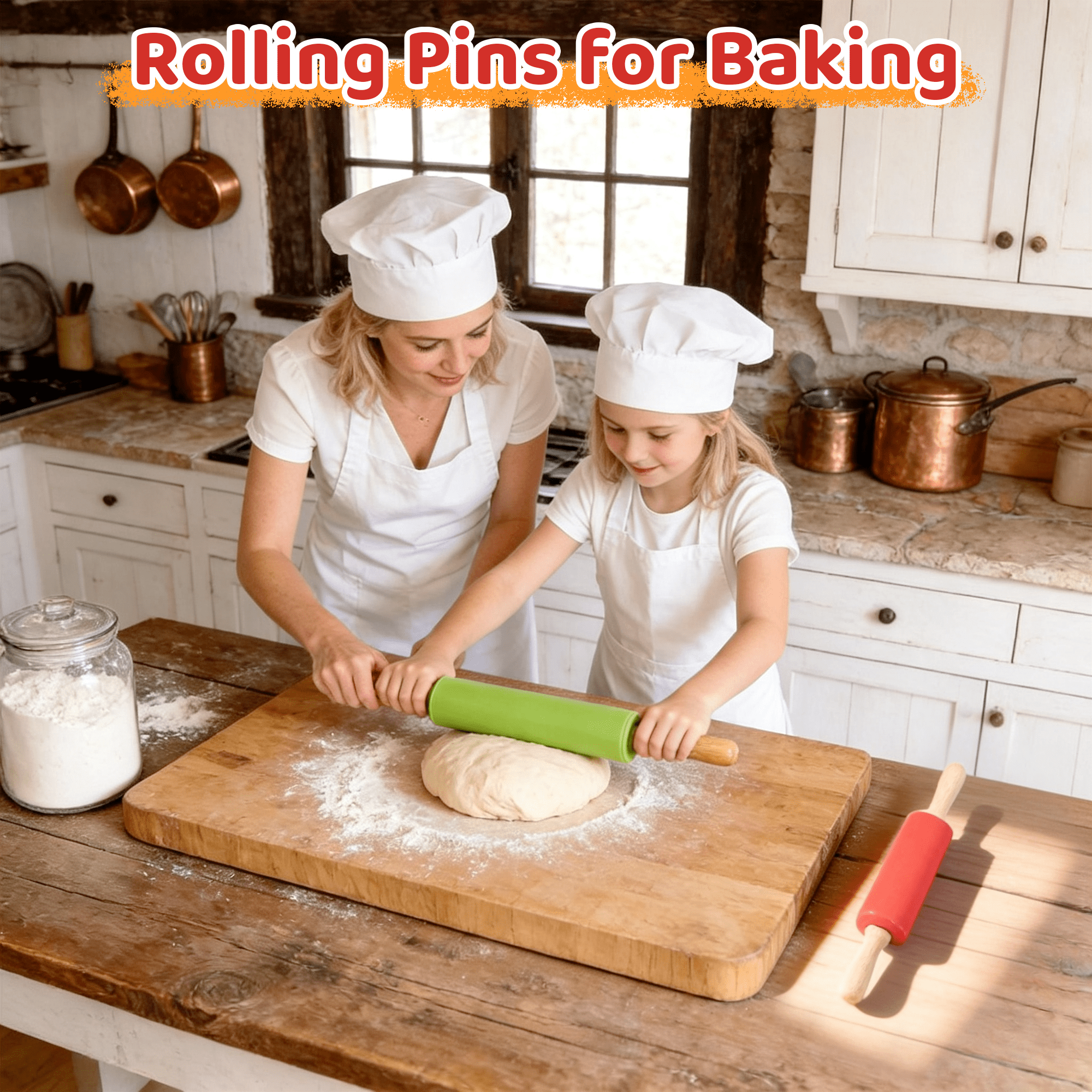 2 Pack Silicone Rolling Pin for Baking, 12/9 In Non Stick Surface Dough Roller with Wooden Handle, Rolling Pins for Baking Pizza, Pies, Pastry and Cookies,(Green/Red)