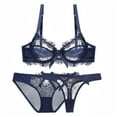 thumbnail image 1 of Soutien-gorge Aguichant pour Femme en Dentelle Brodée de Fleurs, Balconnet Transparent à Armatures, Non Doublé, avec Culotte et String, 3 Pcs, 1 of 1