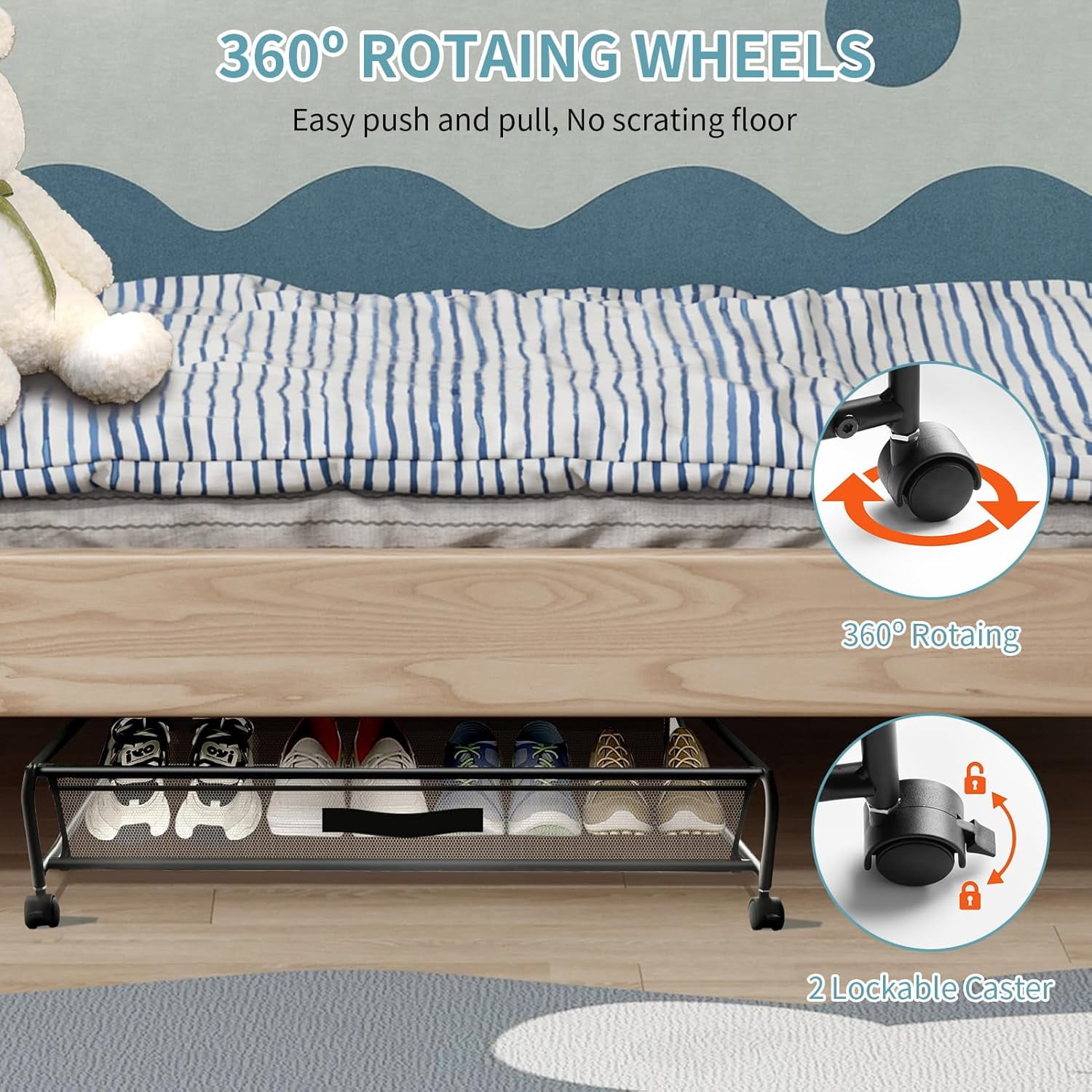 XZKING Under Bed Shoe Storage with Wheels 2 Pack Rolling Under Bed Storage Containers for Shoes Metal Shoe Rack Organizer Bedroom