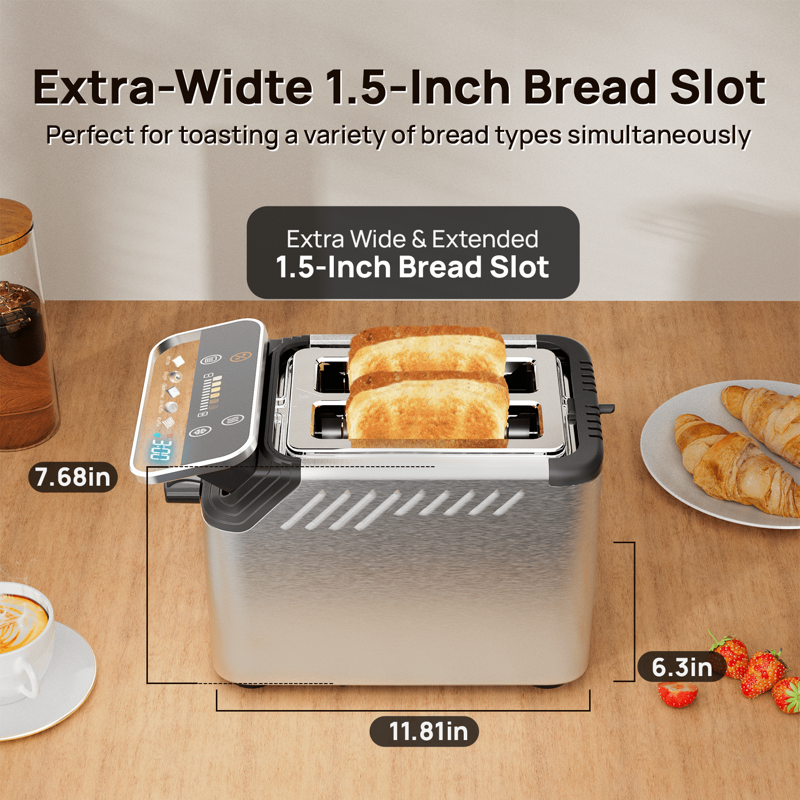 WHALL 2 Slice Toaster, Touch Screen Toasters with Projection Display, wide slots, Bagle / Reheat/Defrost Stainless Steel