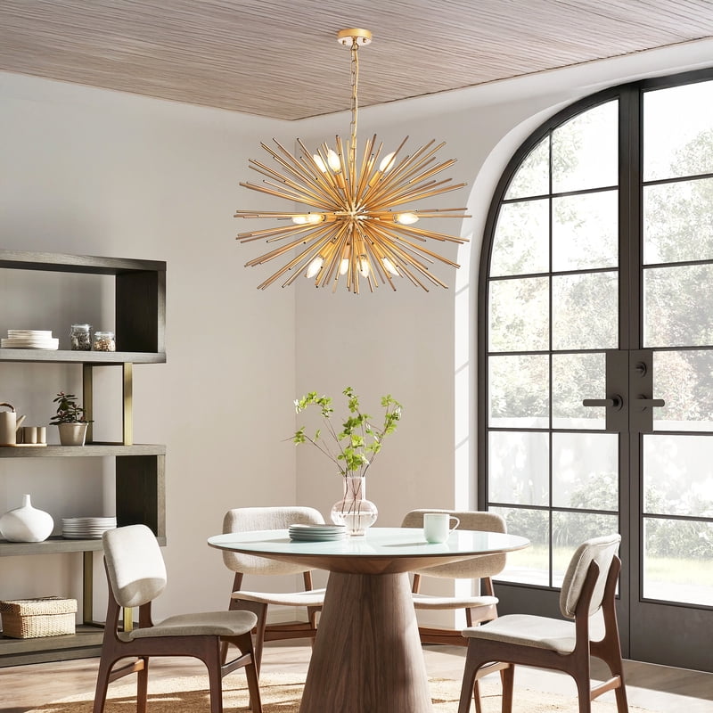 29" Mid-Century Modern 12-Light Starburst Chandelier,Gold Pendant Light Fixture for Living Room,Dining Room, or Foyer (No Bulb)