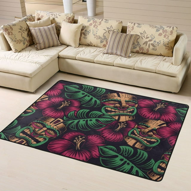 DouZhe Tapis de Sol Antidérapant Lavable en Machine Motif Masque Tiki Style Polynésie, 63x48 Pouces