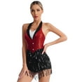 thumbnail image 4 of JanJean Women's Shiny Sequins Fringe Bodysuit Sleeveless Halter Neck Tassel Leotard Latin Jazz Red L, 4 of 7