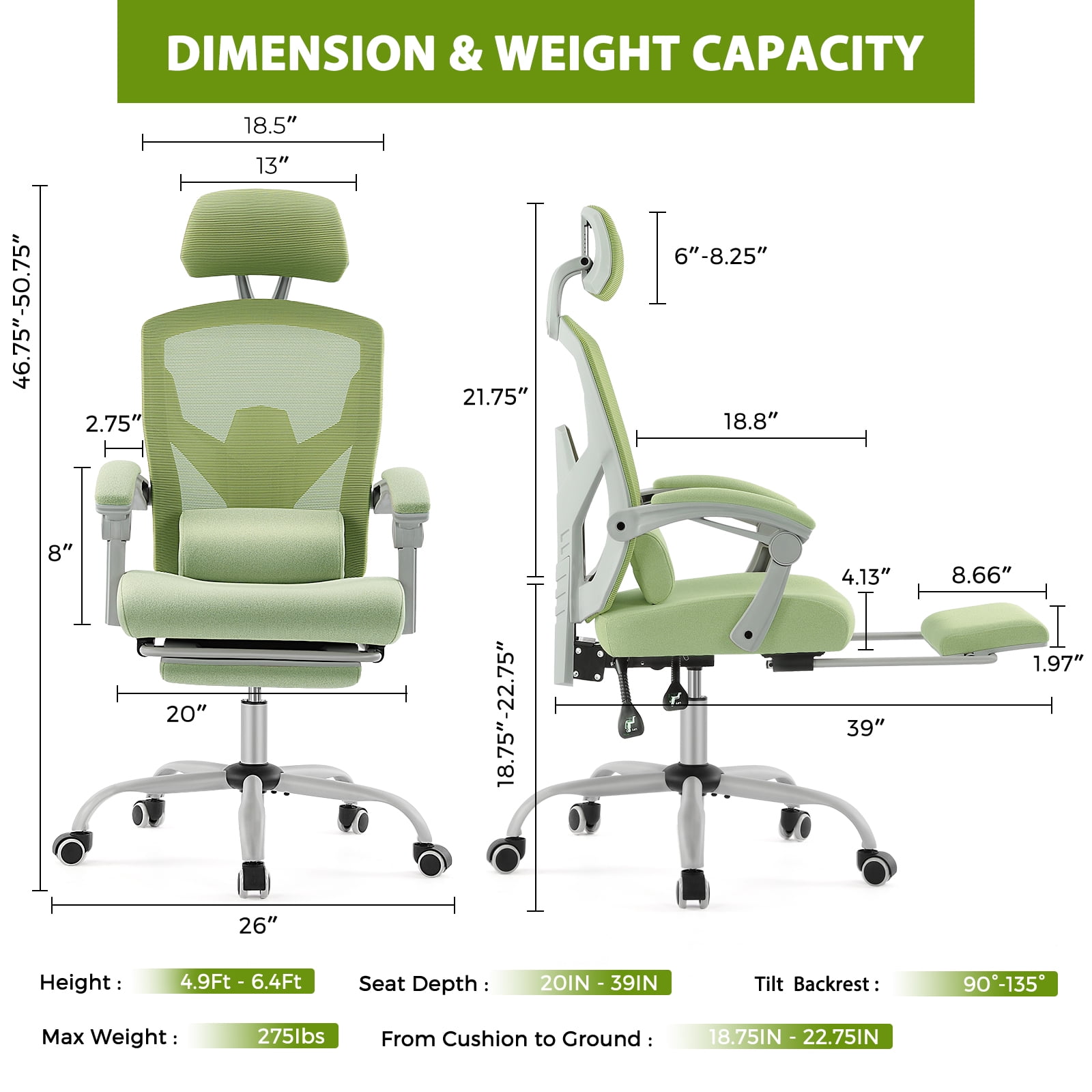 EDX Ergonomic Office Chair - High Back Mesh, Reclining with Lumbar Support, Adjustable Headrest, Footrest & Padded Arms, Green