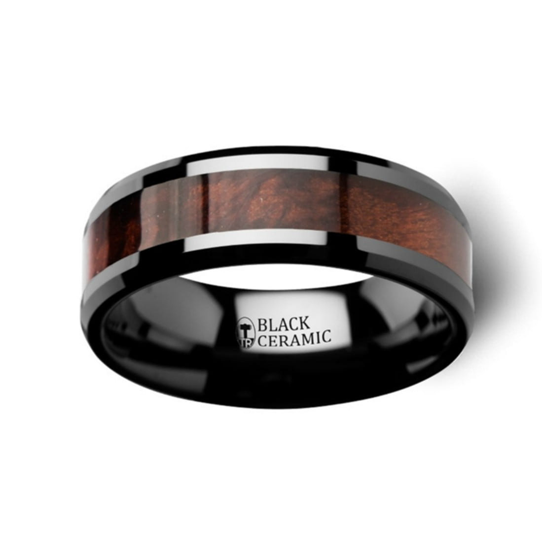 8mm Thorsten Rings Cerise Redwood Inlaid Black Ceramic Ring with Beveled Edges
