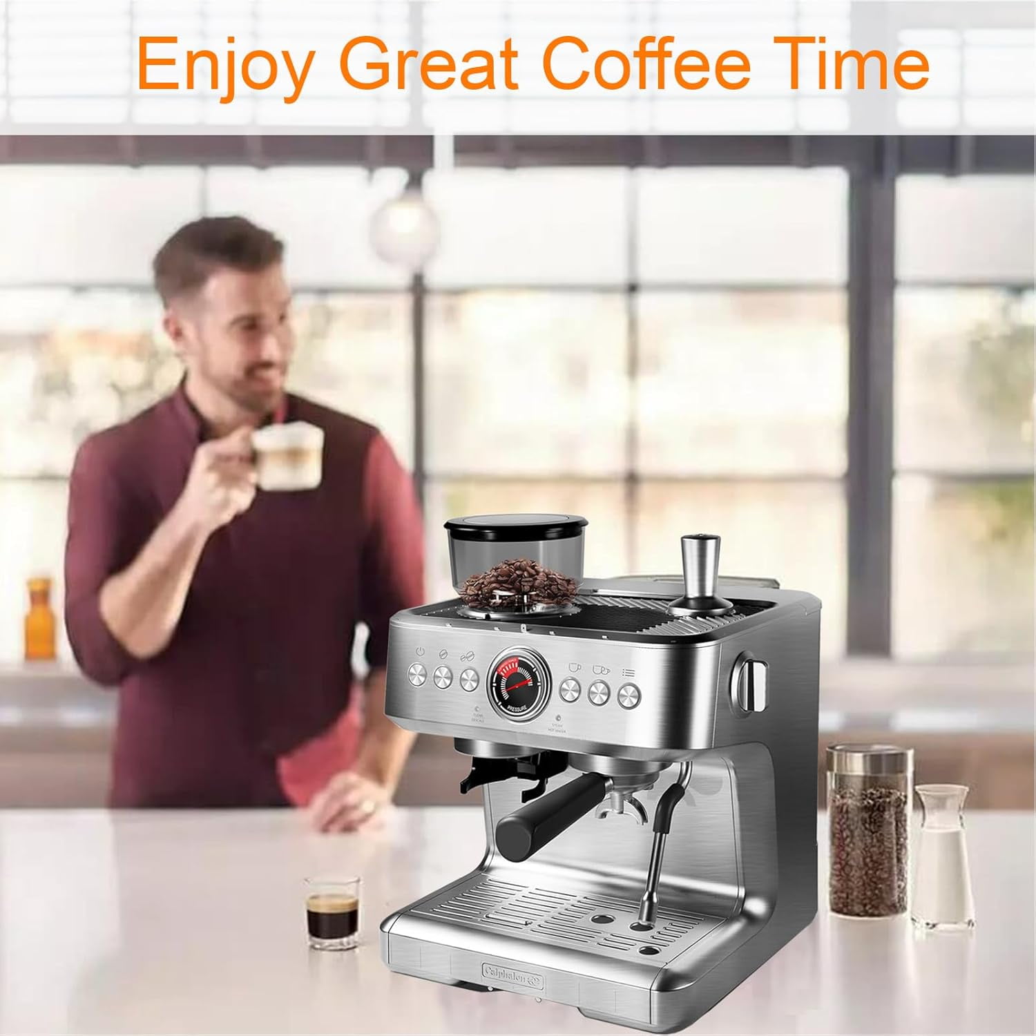 Semi-Automatic Espresso Machine, 20 Bar Coffee Maker with 30 Grinding Setting, Espresso Maker with Grinder