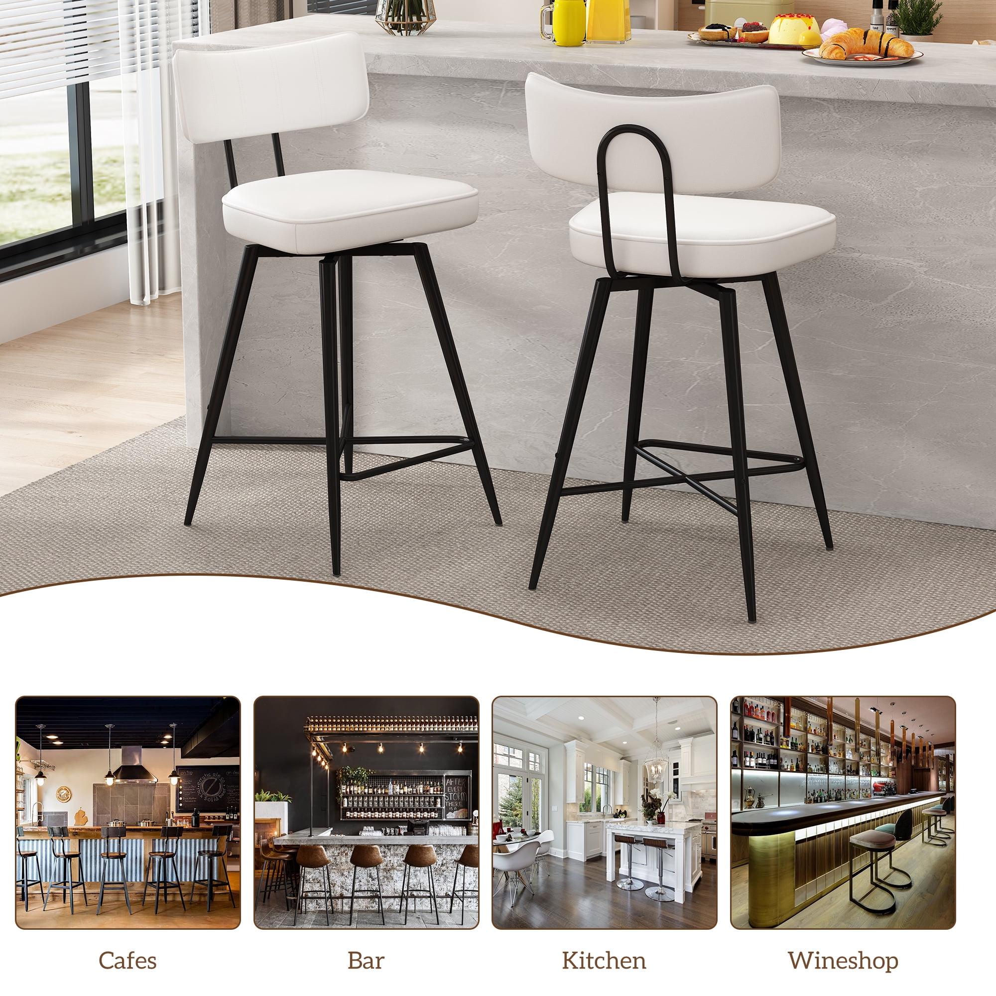 Ninecer Bar Stools Set of 2, Kitchen Counter stools with Backs and Metal Legs, 26" White Leather Swivel Barstools for Counter Height