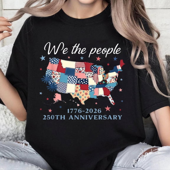 100% Cotton Unisex USA 250th Anniversary Patriotic Patchwork Map 1776–2026 T-Shirt