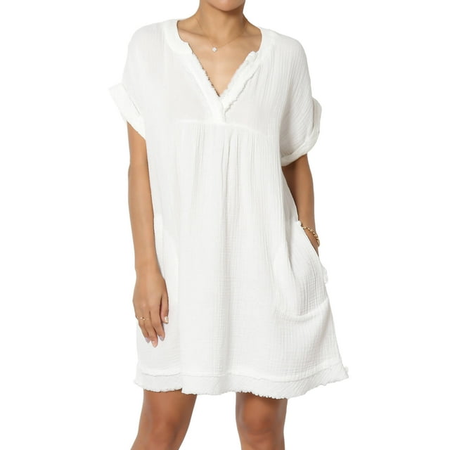 Robe Mini Babydoll en Gaze de Coton à Manches Courtes Col en V Décontractée pour Femmes