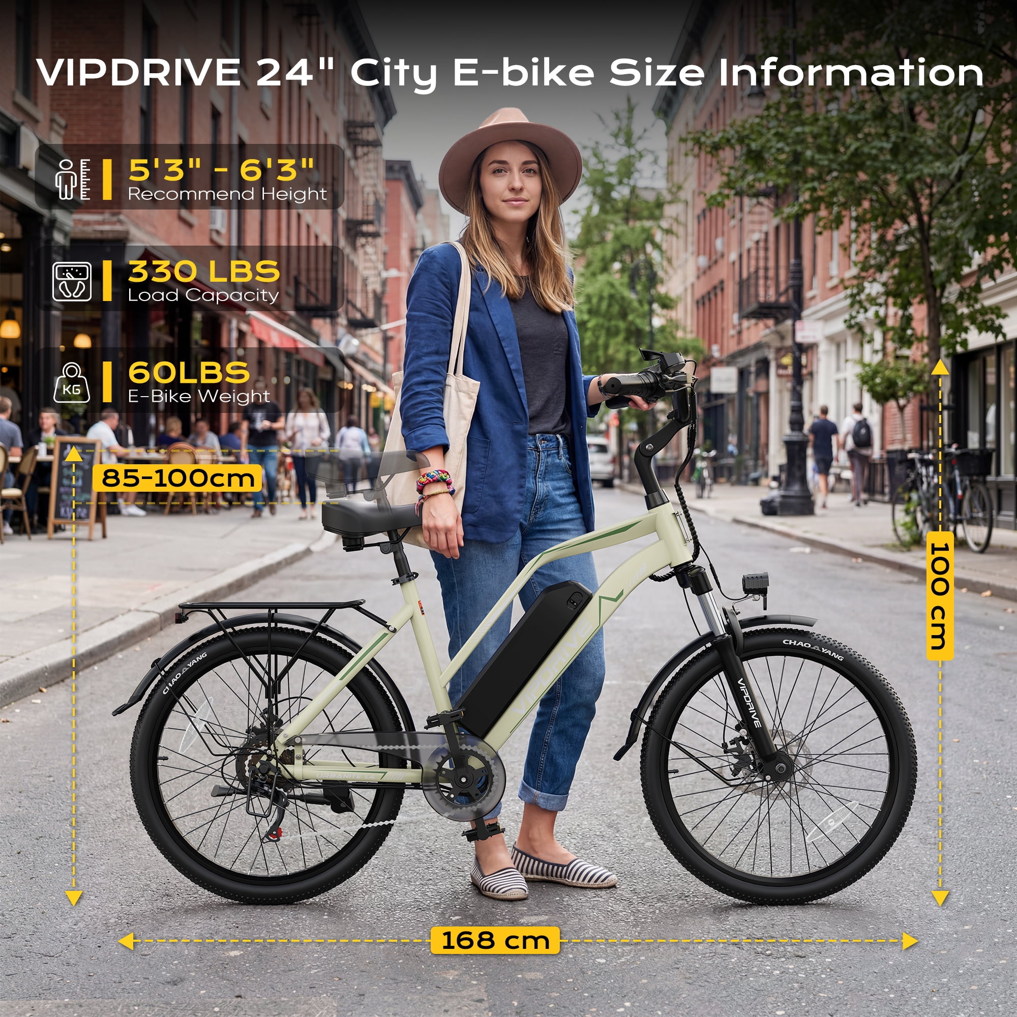 VIPDRIVE Electric Bike - 24'' Adult E Bike, Peak 750W 20MPH City Cruiser E-Bike with 48V7.8AH Removable Battery with Fork Suspension and Dual Disc Brakes（UL2849)