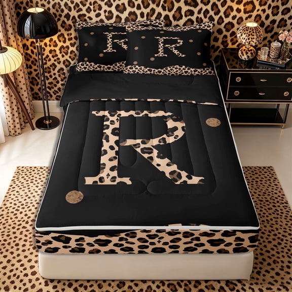 Meiyoeat Animal Leopard Letter R Zipper Twin Comforter Sets with Fitted Sheet and 2 Pillowcases for Women Juniors, Classic Polka Dot Zipper Bedding Set for Bedroom,4-Piece,Black Reversible