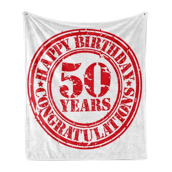 50th Birthday Soft Flannel Fleece Throw Blanket, Grungy Display with Aged Rubber Stamp for 50 Years Old Congratulation, Cozy Plush for Indoor and Outdoor Use, 50" x 60", Vermilion White, by Ambesonne
