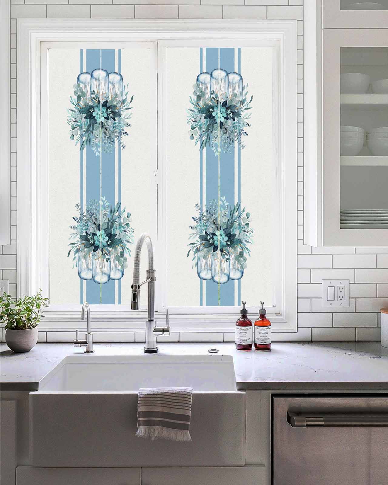 Window Privacy Film, Blue Eucalyptus UV Sun Blocking Window Tint Film Heat Control One Way Blackout Window Film, Spring Summer Floral Leaves Botanical Flowers Non Adhesive Static Cling 17.7x39.3 In