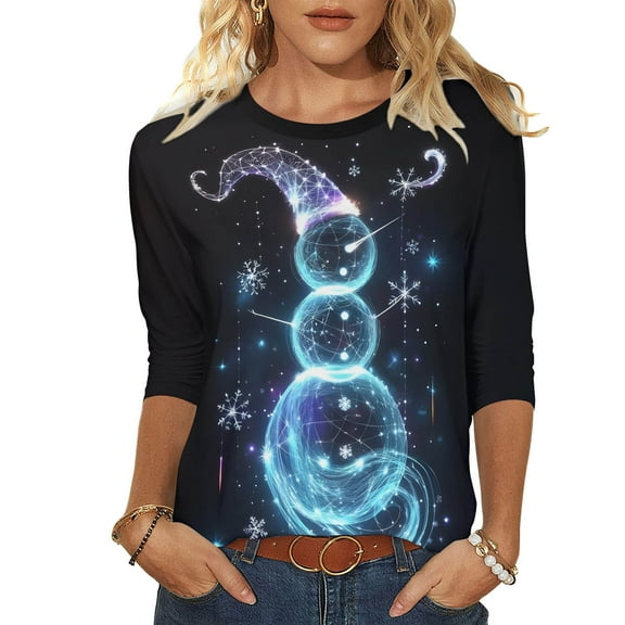 LiMoi Women's Round Neck Holiday Blouse Three Quarter Sleeve Featuring a Cute Christmas Snowman Design Tees Tshirts Tops My Items