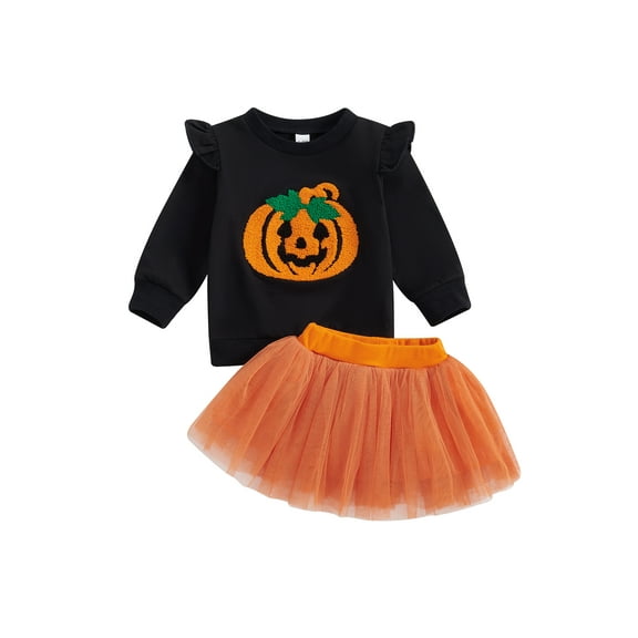 Toddler Kids Girls Halloween Skirt Clothing Sets 12 18 24 Months 2T 3T 4T 5T Long Sleeve Pumpkin/Letter Embroidery Pullover Tulle Skirt Outfits