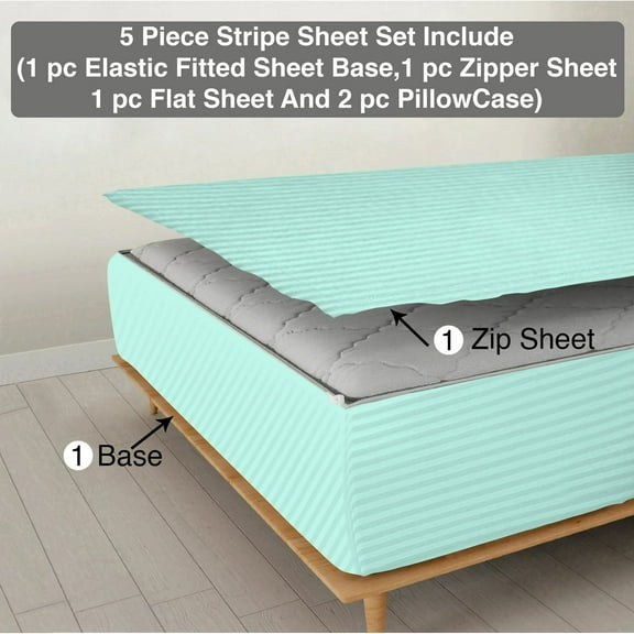 DNG Creations 5 Piece Zipper Sheet Set - Include (1 Elastic Fitted Sheet, 1 Base Sheet has Zipper, 1 Flat Sheet And 2 Pillowcase) 18 Inch Deep Pocket ( Stripe Aqua Blue - Twin )