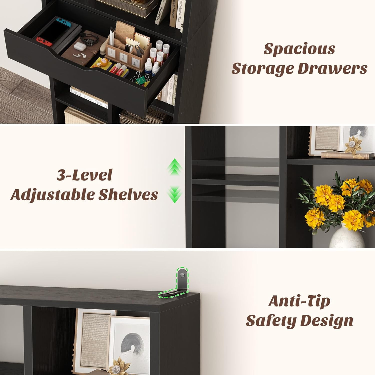 Homieasy 73.6''Tall 10-Cube Bookcase with Drawer and Adjustable Shelves(2-Piece Set), Black