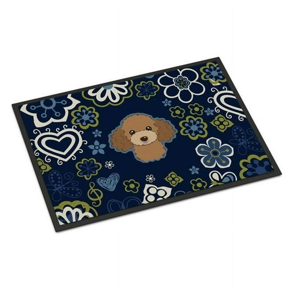 24 x 36 in. Blue Flowers Chocolate & Brown Poodle Indoor or Outdoor Mat