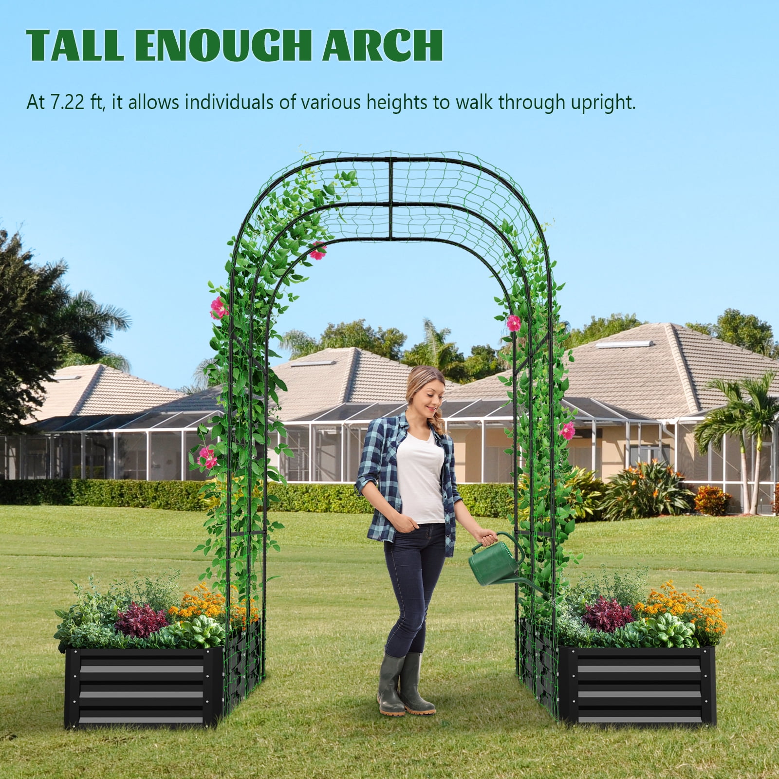 Slsy 3 in 1 Galvanized Raised Garden Bed with 85in Tall Arch Trellis for Climbing Vegetables Flowers Herbs, Metal Raised Garden Bed Kit with Trellis, Plant Ties, Climbing Supporting Netting