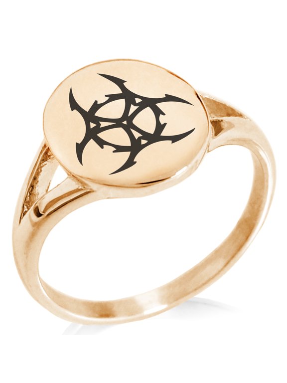 Stainless Steel Barbed Wire Biohazard Minimalist Oval Top Polished Statement Signet Ring