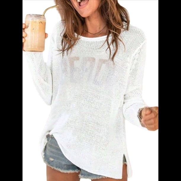 Suéter para Mujer, con Estampado de Letras, Larga, Cuello Redondo, Dobladillo Dividido, Crochet. L